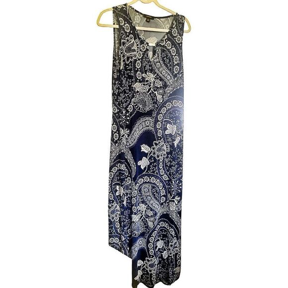 Expresso Blue White Floral Summer 70's Inspired Stretch Maxi Dress Size Large - Picture 1 of 5
